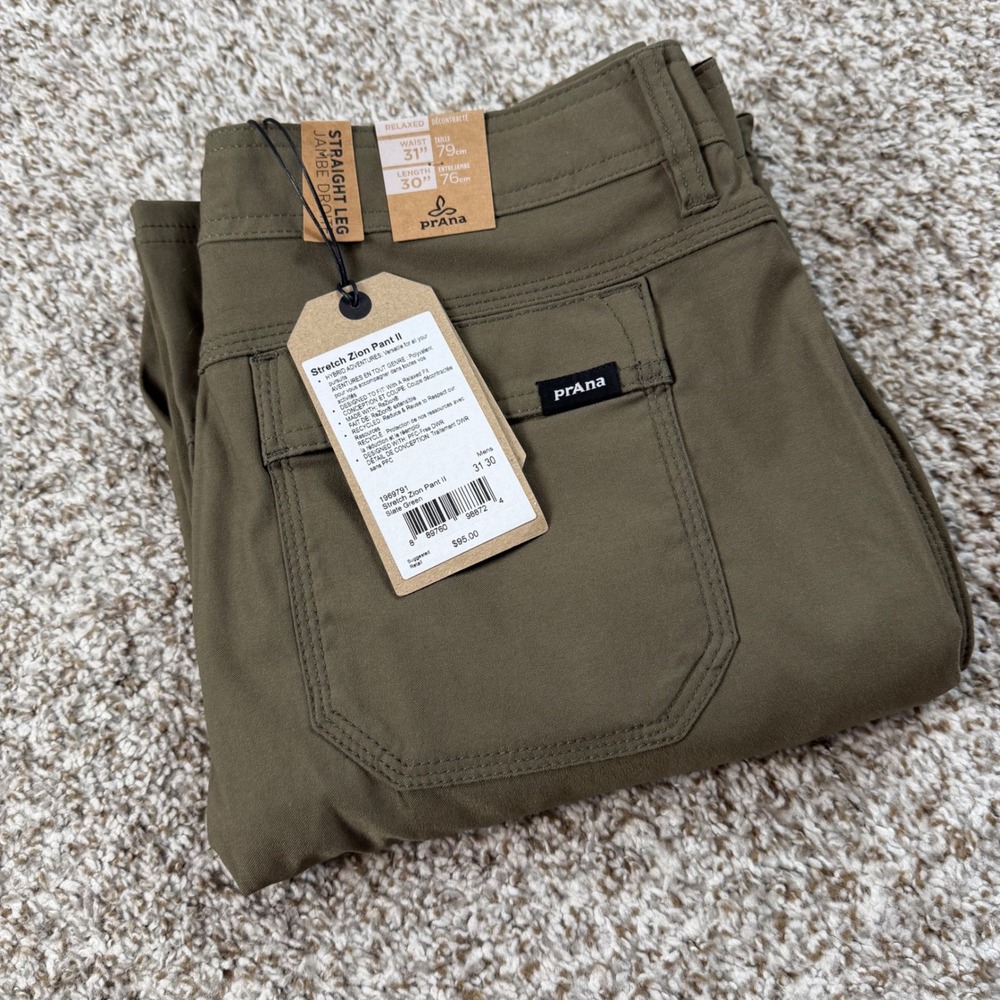 prAna Stretch Zion Pant II Mens 31x30 Slate Green Relaxed Fit Cargo Hiking New